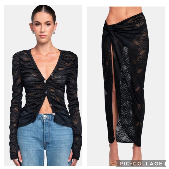 NWOT OW WANTED Lace Black Ruffled Cardigan and IRIS Lace Skirt Set Size Small - Picture 1 of 9